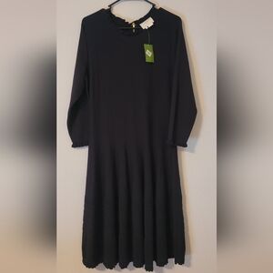 Kate Spade Sz L Black Knit Pointelle Drop Waist Ruffled Fit and Flare Dress